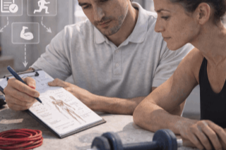 Un especialista explicando análisis de simetría corporal y rutina de entrenamiento